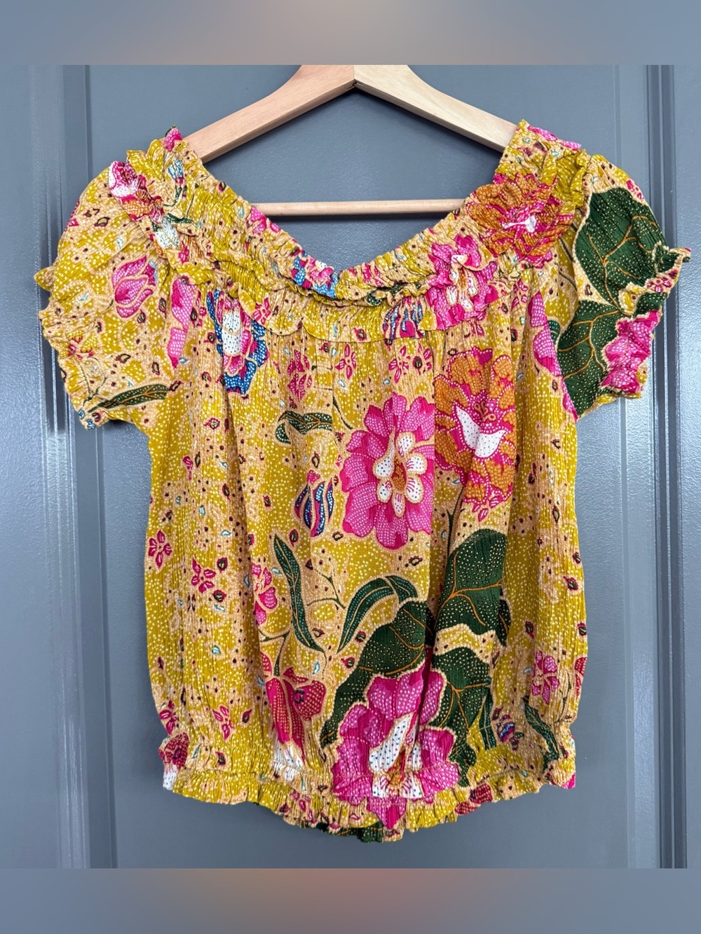 Free People FP One Yellow and Pink Floral Printed Suki Off The Shoulder Blouse